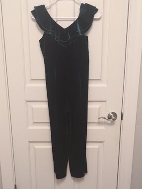 Velvet Ruffle Jumpsuit in Dark Green